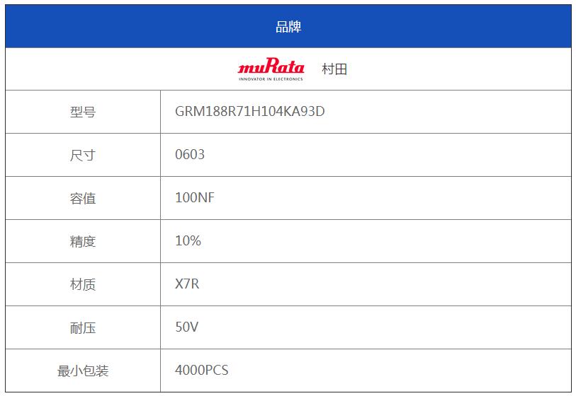 MURATA村田电容 0603 100nF104K 50V X7R GRM188R71H104KA93D - 东莞市超翔电子有限公司
